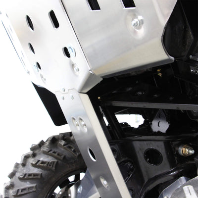 PERFEX aluminum full frame skid plate side view protecting the underside of a Can-Am Outlander MAX 6x6 1000R G2 ATV