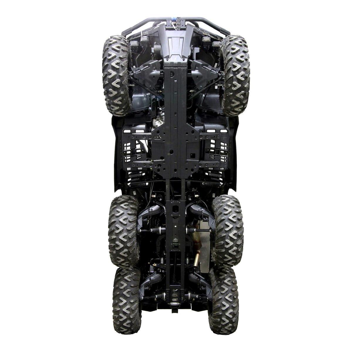 Stock skid plates layout on Can-Am Outlander MAX 6x6 1000R G2 ATV underside before PERFEX protection upgrade