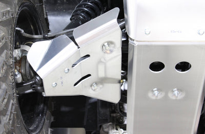 PERFEX embossed aluminum front A-arm guard protecting the suspension components of a Can-Am Outlander MAX 6x6 450 G2L ATV