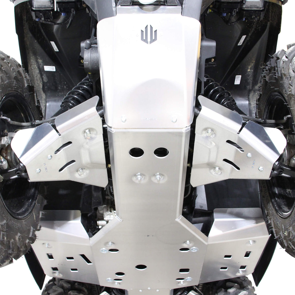 PERFEX aluminum front bash plate and A-arm guards protecting the front suspension of a Can-Am Outlander MAX 6x6 450 G2L ATV