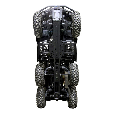 Stock skid plates layout on Can-Am Outlander MAX 6x6 450 G2L ATV underside before PERFEX protection upgrade