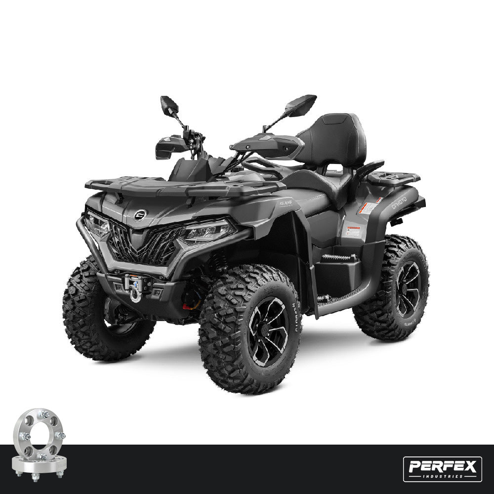 PERFEX aluminum wheel spacers for CFMoto CForce 600 and 600 Touring ATVs. High-quality 6061-T6 aluminum with 4x110 bolt pattern, M10-1.25 studs and customizable thickness options.