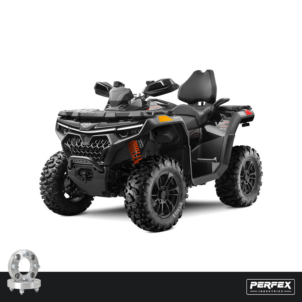 PERFEX™ aluminum wheel spacers for CFMoto CForce 800 and 1000 ATVs. High-quality 6061-T6 aluminum with 4x110 bolt pattern, M10-1.25 studs and customizable thickness options.