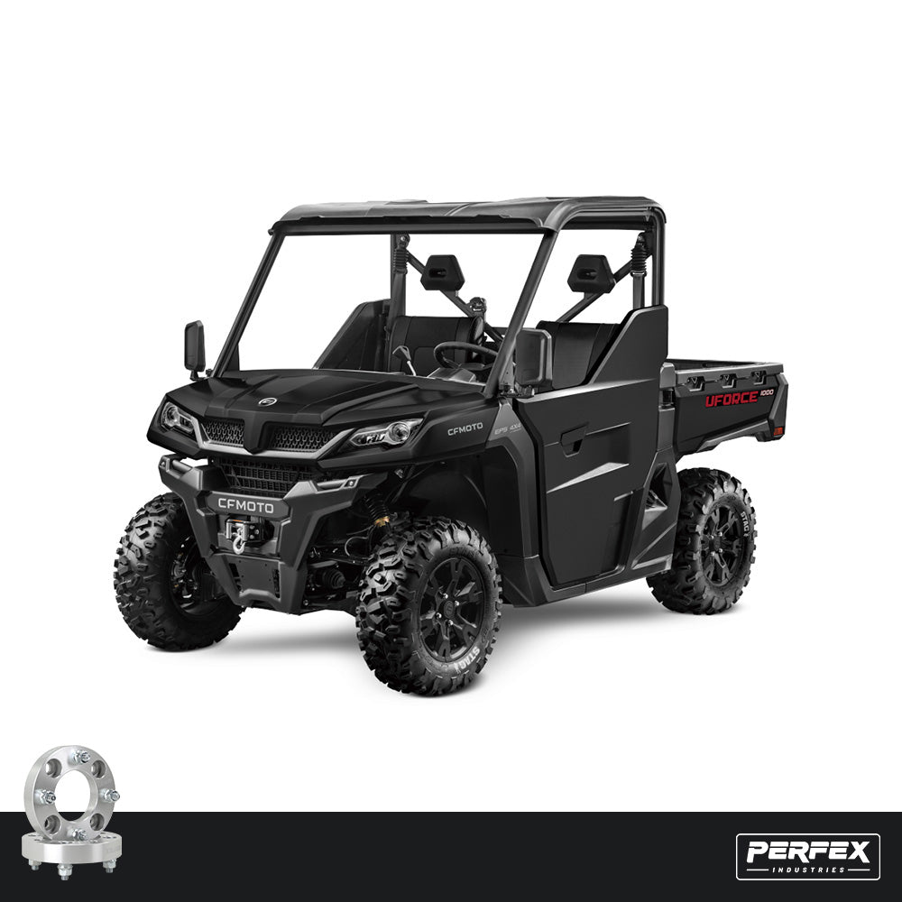 PERFEX™ aluminum wheel spacers for CFMoto UForce 1000 UTV. High-quality 6061-T6 aluminum with 4x110 bolt pattern, M12-1.25 studs and customizable thickness options.