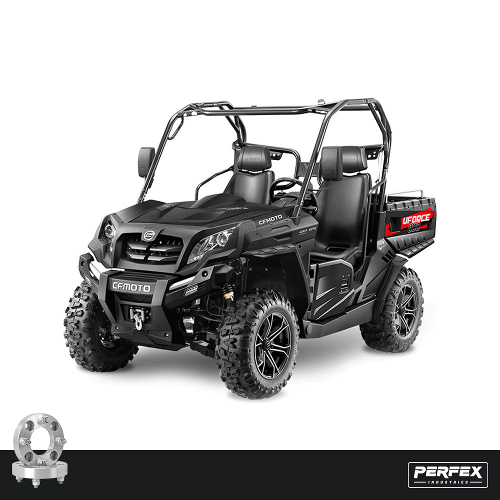 PERFEX™ aluminum wheel spacers for CFMoto UForce 500 and 800 UTVs. High-quality 6061-T6 aluminum with 4x110 bolt pattern, M10-1.25 studs and customizable thickness options.