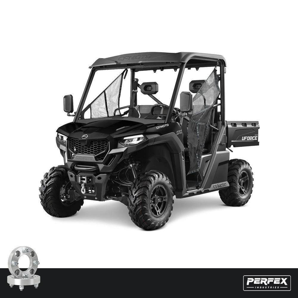 PERFEX™ aluminum wheel spacers for CFMoto UForce 600 UTV. High-quality 6061-T6 aluminum with 4x110 bolt pattern, M10-1.25 studs and customizable thickness options.