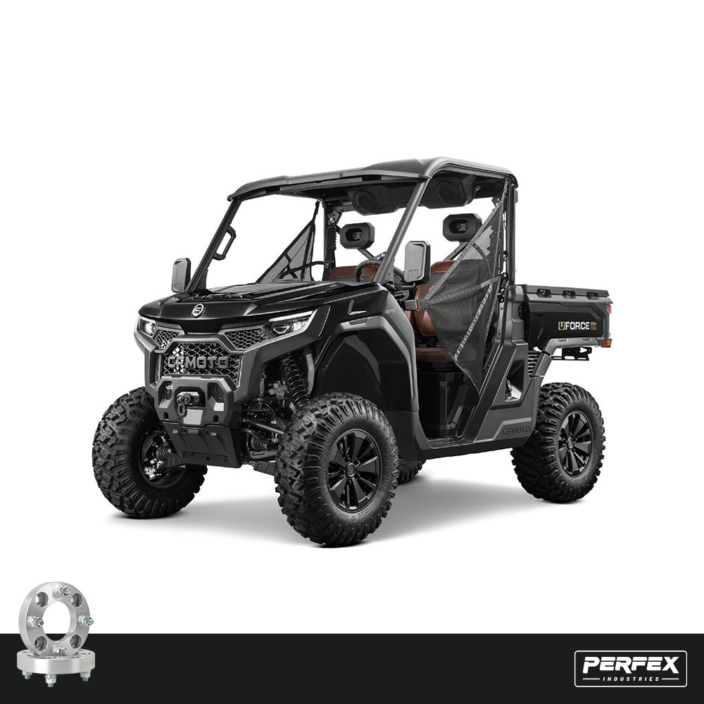 PERFEX aluminum wheel spacers for CFMoto UForce U10 PRO, XL and Highland UTVs. High-quality 6061-T6 aluminum with 5x114.3 bolt pattern, M12-1.25 studs and customizable thickness options.