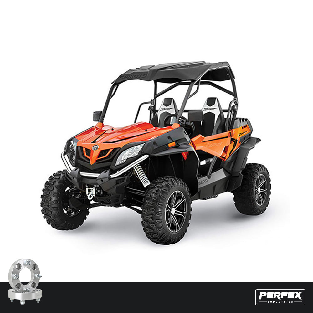 PERFEX™ aluminum wheel spacers for CFMoto ZForce 500, 800 and 1000 UTVs. High-quality 6061-T6 aluminum with 4x110 bolt pattern, M10-1.25 studs and customizable thickness options.