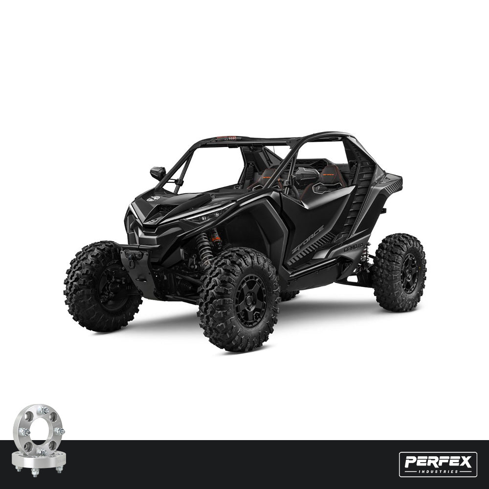 PERFEX aluminum wheel spacers for CFMoto ZForce Z10 and Z10-4 UTVs. High-quality 6061-T6 aluminum with 5x114.3 bolt pattern, M12-1.25 studs and customizable thickness options.