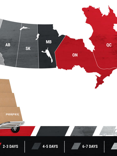 Map of Canada highlighting rapid delivery times by PERFEX Industries for ATV and UTV accessories, showcasing efficient nationwide shipping.