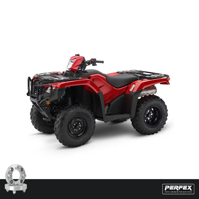PERFEX aluminum wheel spacers for Honda Foreman 400, 450, 500, and 520 ATVs. High-performance 6061-T6 aluminum spacers with 4x110 bolt pattern, M10-1.25 studs, and customizable thickness.