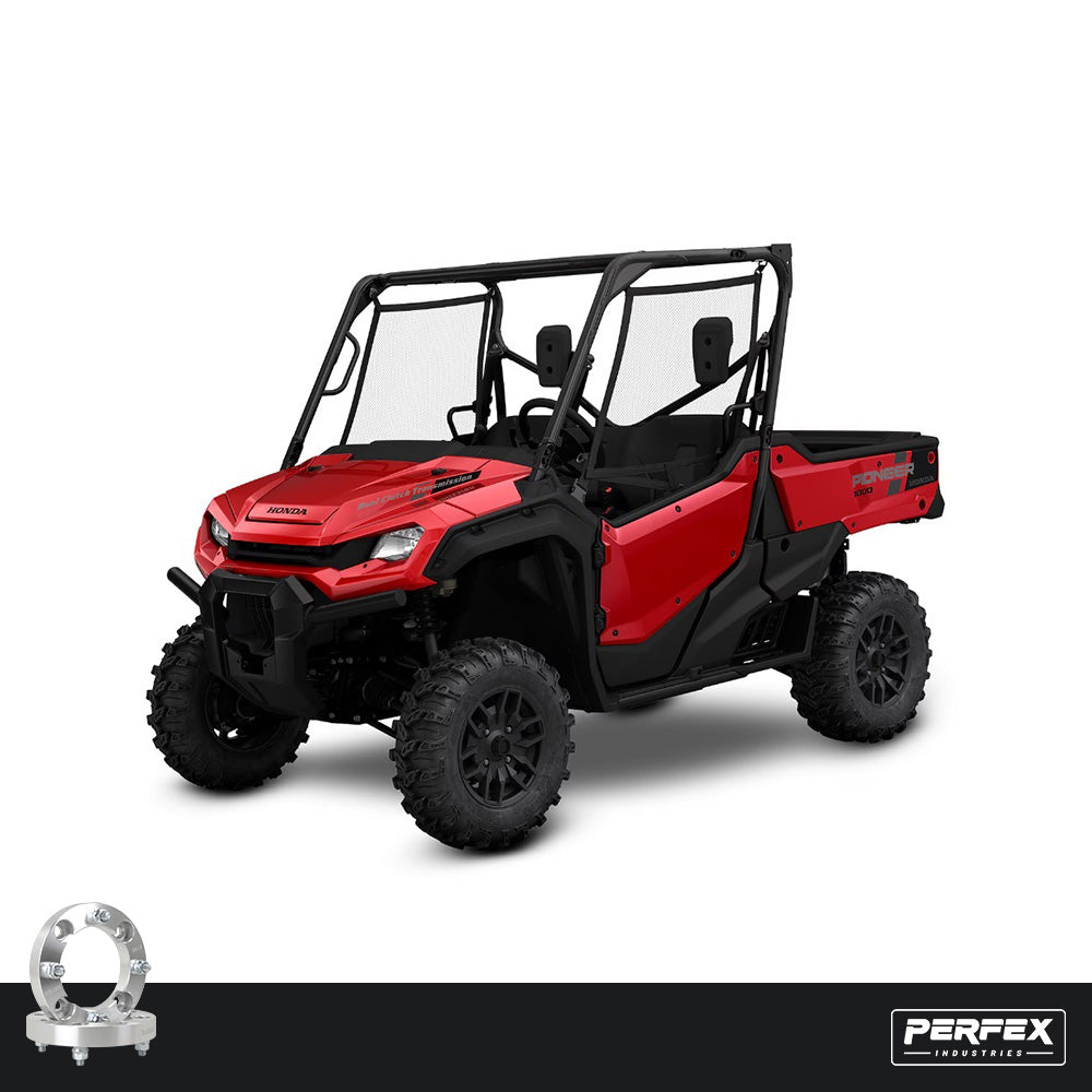 PERFEX aluminum wheel spacers for Honda Pioneer 1000, 1000-5, and 1000-6 UTVs. High-performance 6061-T6 aluminum spacers with 4x136 bolt pattern, M12-1.50 studs, and customizable thickness.