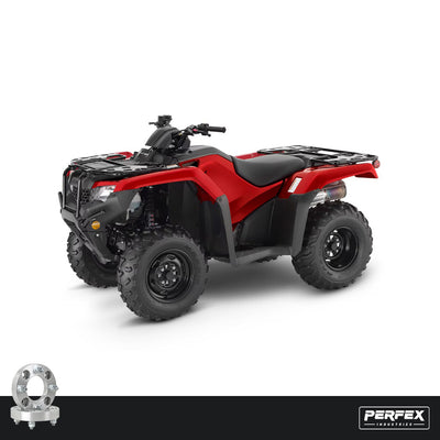 PERFEX aluminum wheel spacers for Honda Rancher 350, 400, and 450 ATVs. High-performance 6061-T6 aluminum spacers with 4x110 bolt pattern, M10-1.25 studs, and customizable thickness.