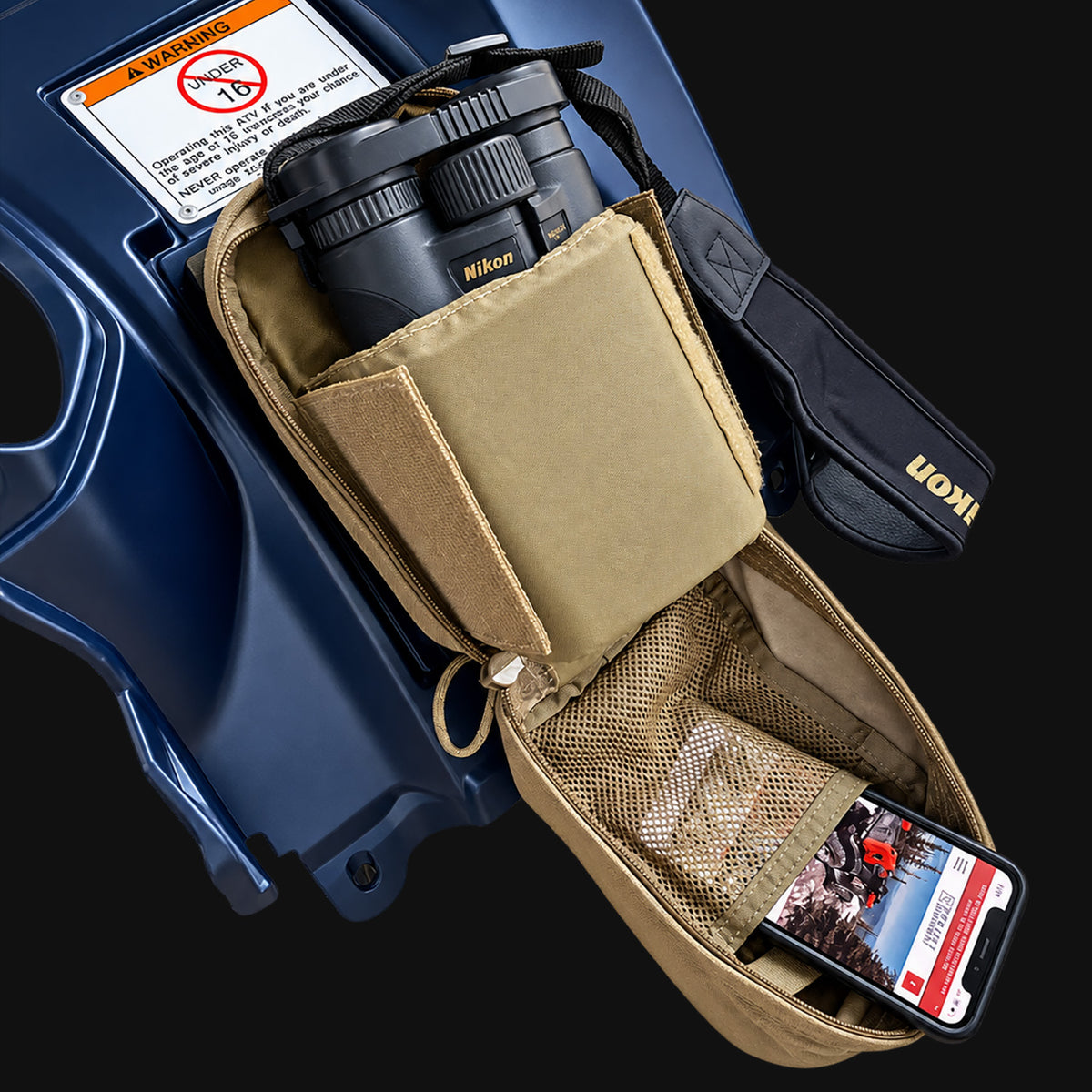 Honda Rubicon 500/520 right Fender MOLLE Panel carrying ATV trail and utility accessories in a MOLLE storage pouch.