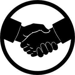 Illustration of an icon between two individuals shaking hands to affiliate with Perfex and become a dealer.