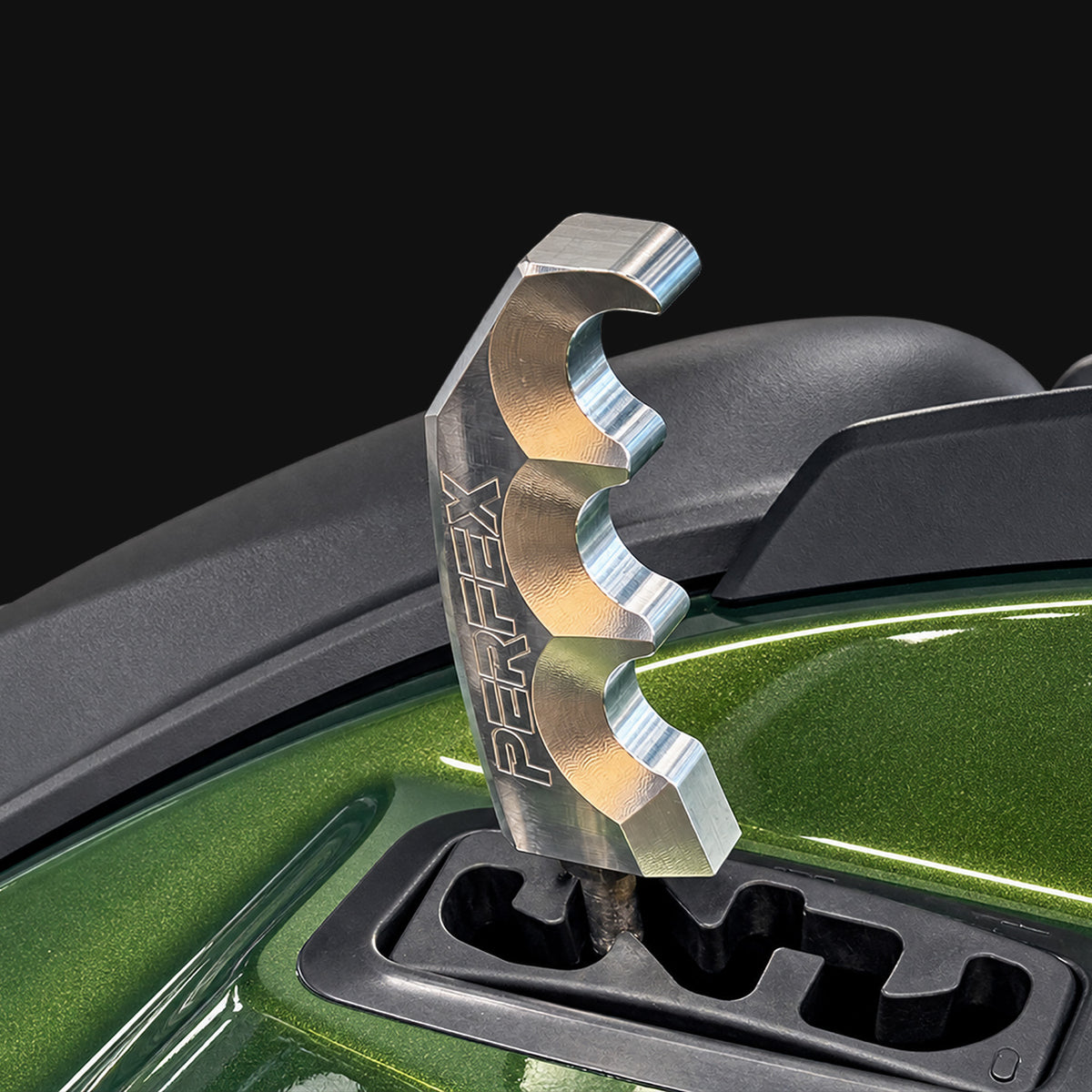 Close-up of PERFEX custom shifter knob installed on Kawasaki Brute Force 650/750.