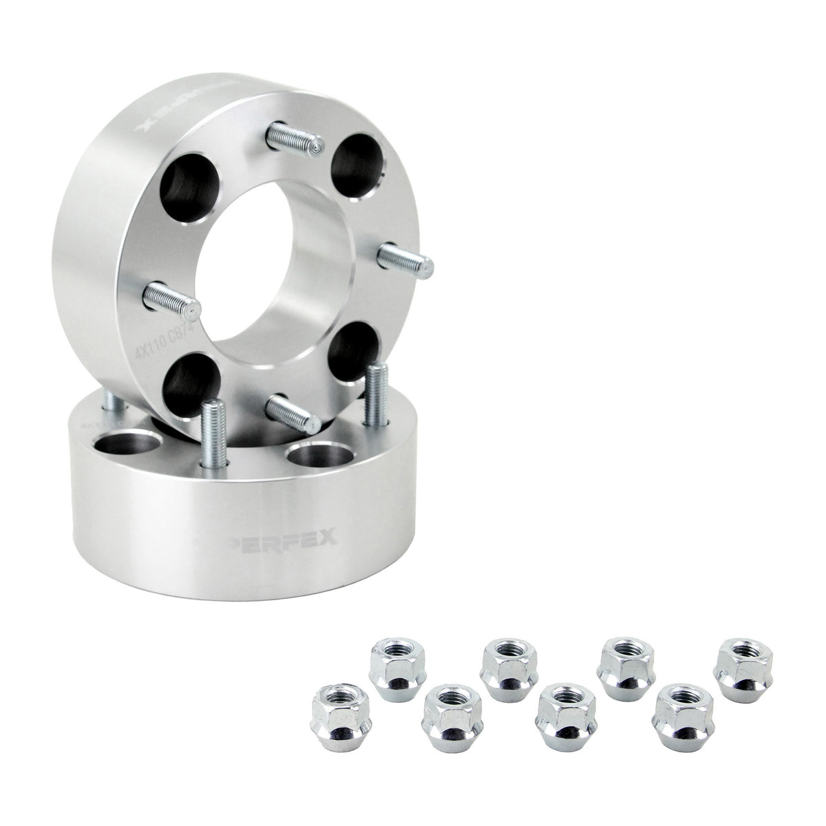 PERFEX aluminum wheel spacers (sold in pairs), 4x110 bolt pattern, 2-inch thick (50.8mm), with included lug nuts. Compatible with most Honda, Suzuki, Yamaha ATVs, CFMoto CForce/UForce/ZForce, and all Segway models.