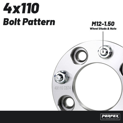 PERFEX 4x110 aluminum UTV wheel spacers with M12-1.50 thread pitch, compatible with Honda Pioneer 500, 520 and 700 UTVs, precision machined for proper fitment and reliable off-road performance.
