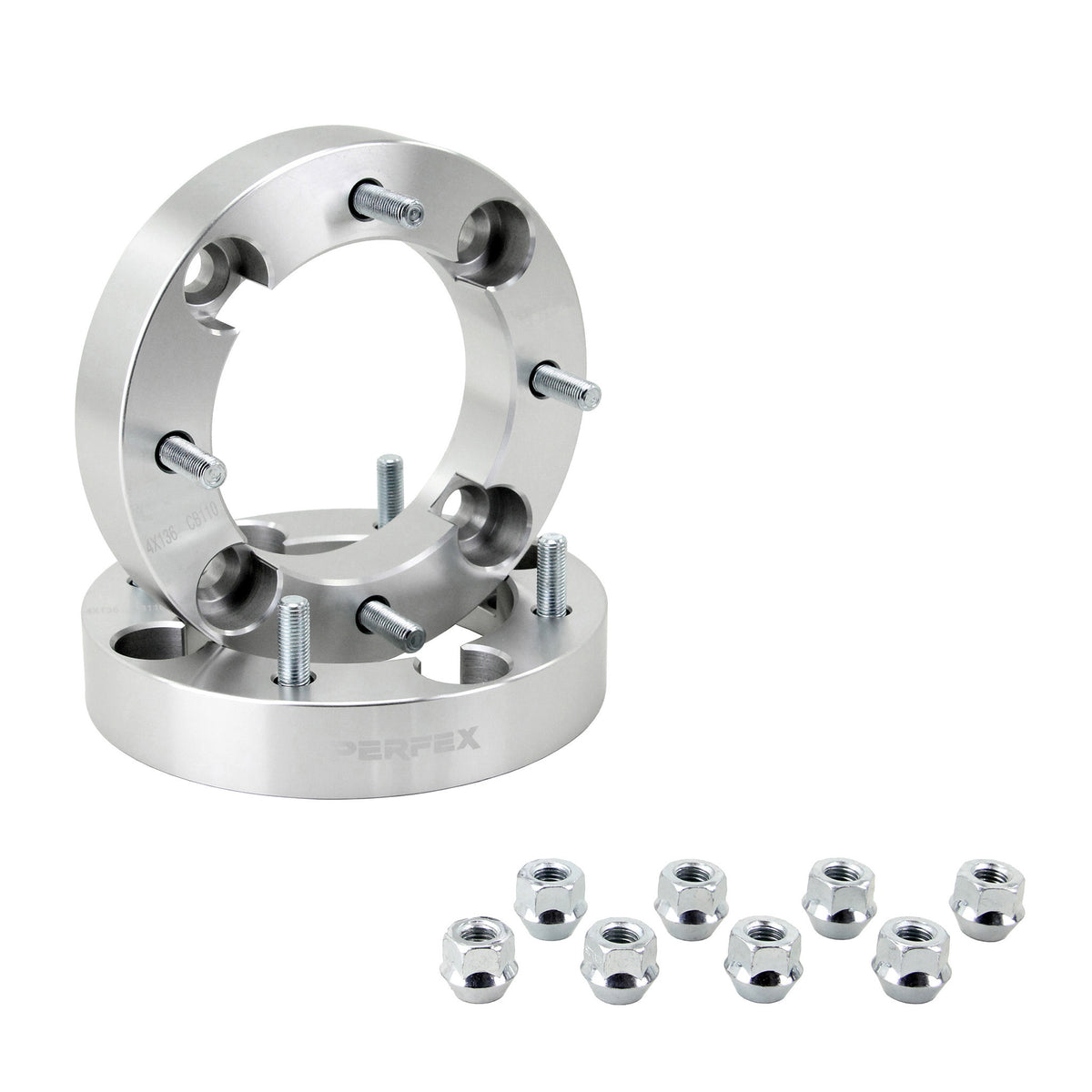 PERFEX aluminum wheel spacers (sold in pairs), 4x136 bolt pattern, 1.25-inch thick (31.75mm), with included lug nuts. Compatible with all Can-Am ATVs and UTVs (Outlander, Renegade, Commander, Defender, Maverick, Maverick X3), Honda Pioneer and Talon 1000, as well as Kawasaki Teryx 800.