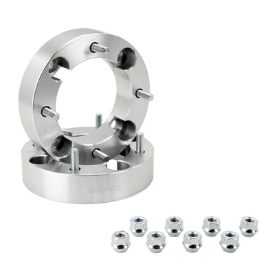 PERFEX aluminum wheel spacers (sold in pairs), 4x136 bolt pattern, 1.5-inch thick (38.1mm), with included lug nuts. Compatible with all Can-Am ATVs and UTVs (Outlander, Renegade, Commander, Defender, Maverick, Maverick X3), Honda Pioneer and Talon 1000, as well as Kawasaki Teryx 800.