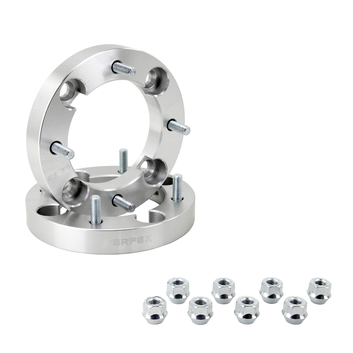 PERFEX aluminum wheel spacers (sold in pairs), 4x136 bolt pattern, 1-inch thick (25.4mm), with included lug nuts. Compatible with all Can-Am ATVs and UTVs (Outlander, Renegade, Commander, Defender, Maverick, Maverick X3), Honda Pioneer and Talon 1000, as well as Kawasaki Teryx 800.