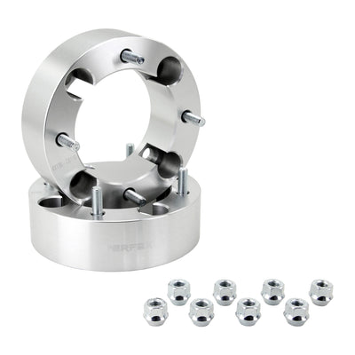 PERFEX aluminum wheel spacers (sold in pairs), 4x136 bolt pattern, 2-inch thick (50.8mm), with included lug nuts. Compatible with all Can-Am ATVs and UTVs (Outlander, Renegade, Commander, Defender, Maverick, Maverick X3), Honda Pioneer and Talon 1000, as well as Kawasaki Teryx 800.
