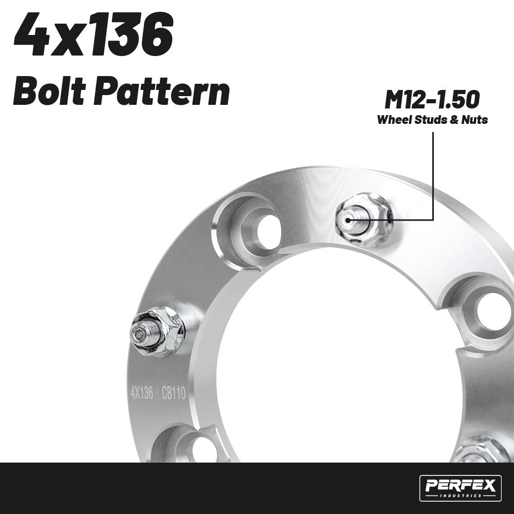 PERFEX 4x136 aluminum UTV wheel spacers with M12-1.50 thread pitch, compatible with Can-Am Defender HD11, Maverick X3, Honda Pioneer 1000 and Talon 1000 models, precision machined for proper fitment and reliable off-road performance.