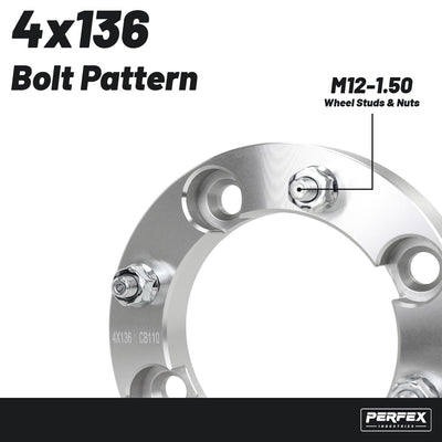 PERFEX 4x136 aluminum UTV wheel spacers with M12-1.50 thread pitch, compatible with Can-Am Defender HD11, Maverick X3, Honda Pioneer 1000 and Talon 1000 models, precision machined for proper fitment and reliable off-road performance.