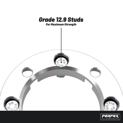 PERFEX 4x136 ATV and UTV wheel spacers with grade 12.9 wheel studs, built for maximum strength and secure installation in demanding off-road conditions.