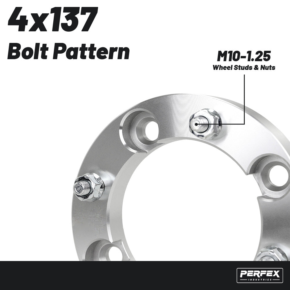 PERFEX 4x137 aluminum ATV wheel spacers with M10-1.25 thread pitch, compatible with Kawasaki Brute Force 650 SRA and Suzuki Twin Peaks 700 models, precision machined for proper fitment and reliable off-road performance.