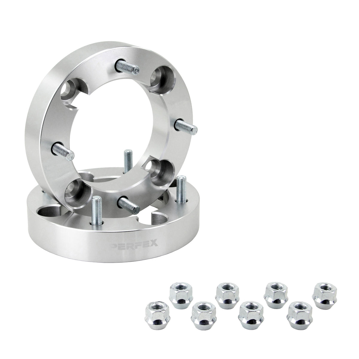 PERFEX aluminum wheel spacers (sold in pairs), 4x156 bolt pattern, 1.25-inch thick (31.75mm), with included lug nuts. Compatible with all Polaris ATVs and UTVs (ACE, General, Ranger, RZR, Scrambler, Sportsman) and Yamaha models (Wolverine RMAX, YXZ1000R).