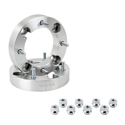 PERFEX aluminum wheel spacers (sold in pairs), 4x156 bolt pattern, 1.25-inch thick (31.75mm), with included lug nuts. Compatible with all Polaris ATVs and UTVs (ACE, General, Ranger, RZR, Scrambler, Sportsman) and Yamaha models (Wolverine RMAX, YXZ1000R).