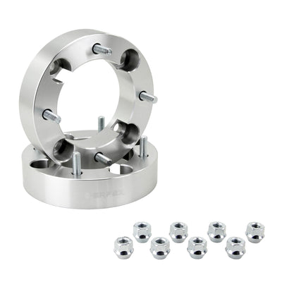 PERFEX aluminum wheel spacers (sold in pairs), 4x156 bolt pattern, 1.5-inch thick (38.1mm), with included lug nuts. Compatible with all Polaris ATVs and UTVs (ACE, General, Ranger, RZR, Scrambler, Sportsman) and Yamaha models (Wolverine RMAX, YXZ1000R).