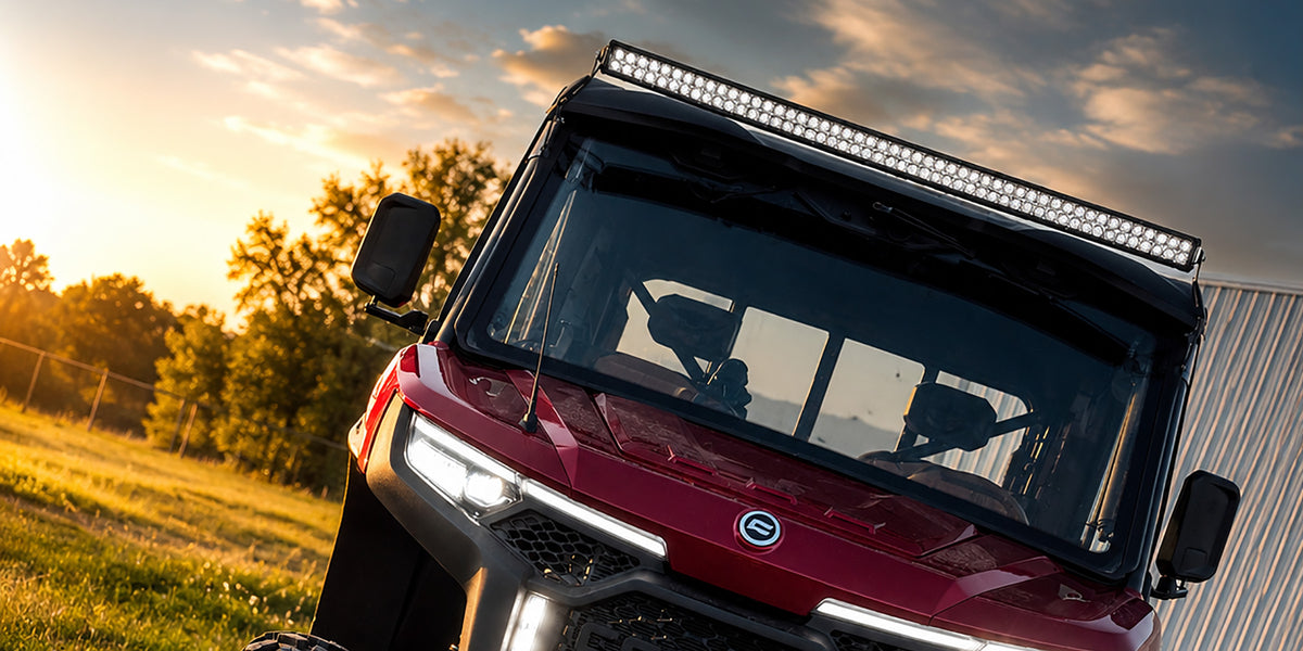 2025 CFMOTO UForce U10 XL Pro Highland equipped with a PERFEX 50" LED light bar and front light mounting kit.