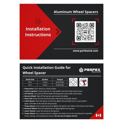 PERFEX ATV and UTV wheel spacers installation guide with step-by-step instructions, torque specs and QR code for proper installation.