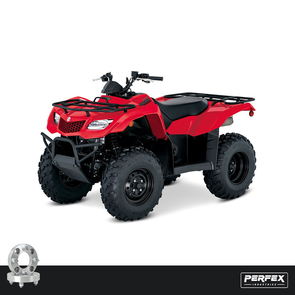 PERFEX aluminum wheel spacers for Suzuki KingQuad 400 ATVs (Auto & Manual). Durable 6061-T6 aluminum with 4x110 bolt pattern, available in multiple thickness options.