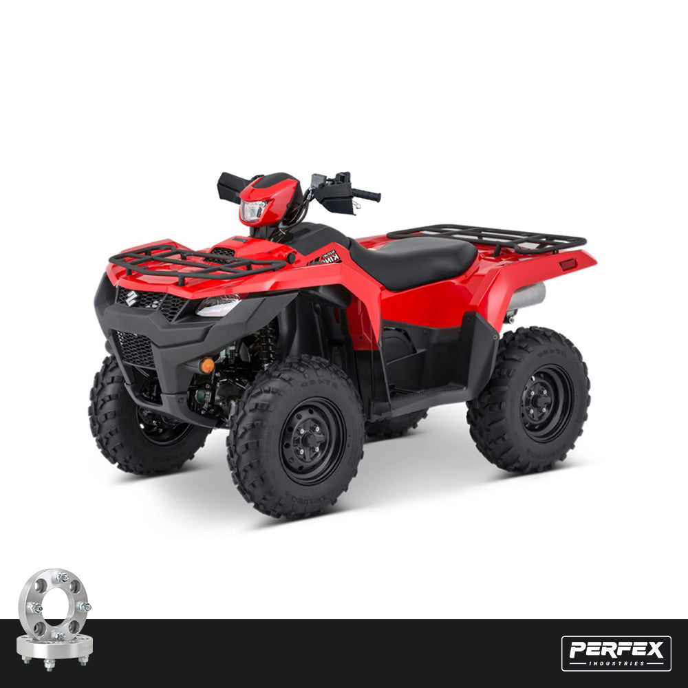 PERFEX aluminum wheel spacers for Suzuki KingQuad 450, 500, 700, and 750 ATVs. High-quality 6061-T6 aluminum with 4x110 bolt pattern and customizable thickness options.