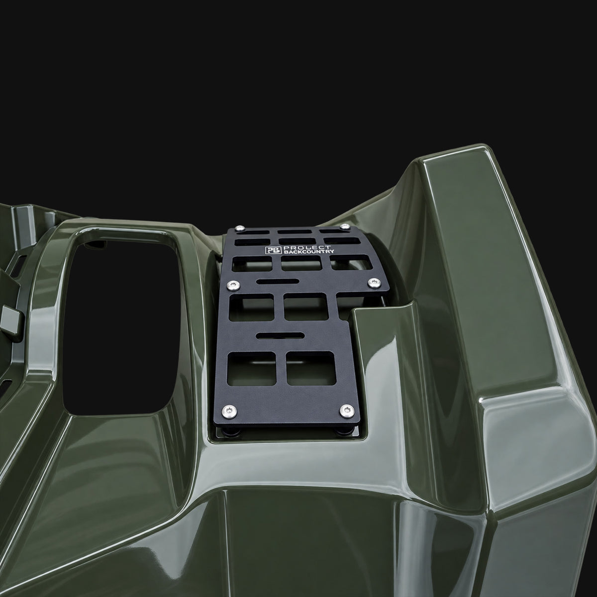 Project Backcountry Modular FenderLink MOLLE Panel mounted on Suzuki KingQuad 500/750 left fender for ATV accessories.