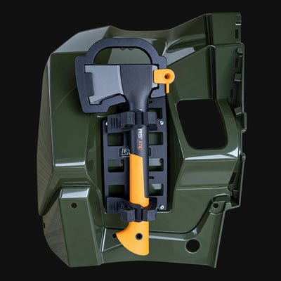 Project Backcountry Modular FenderLink on Suzuki KingQuad 500/750 left front fender carrying an axe as ATV utility gear.