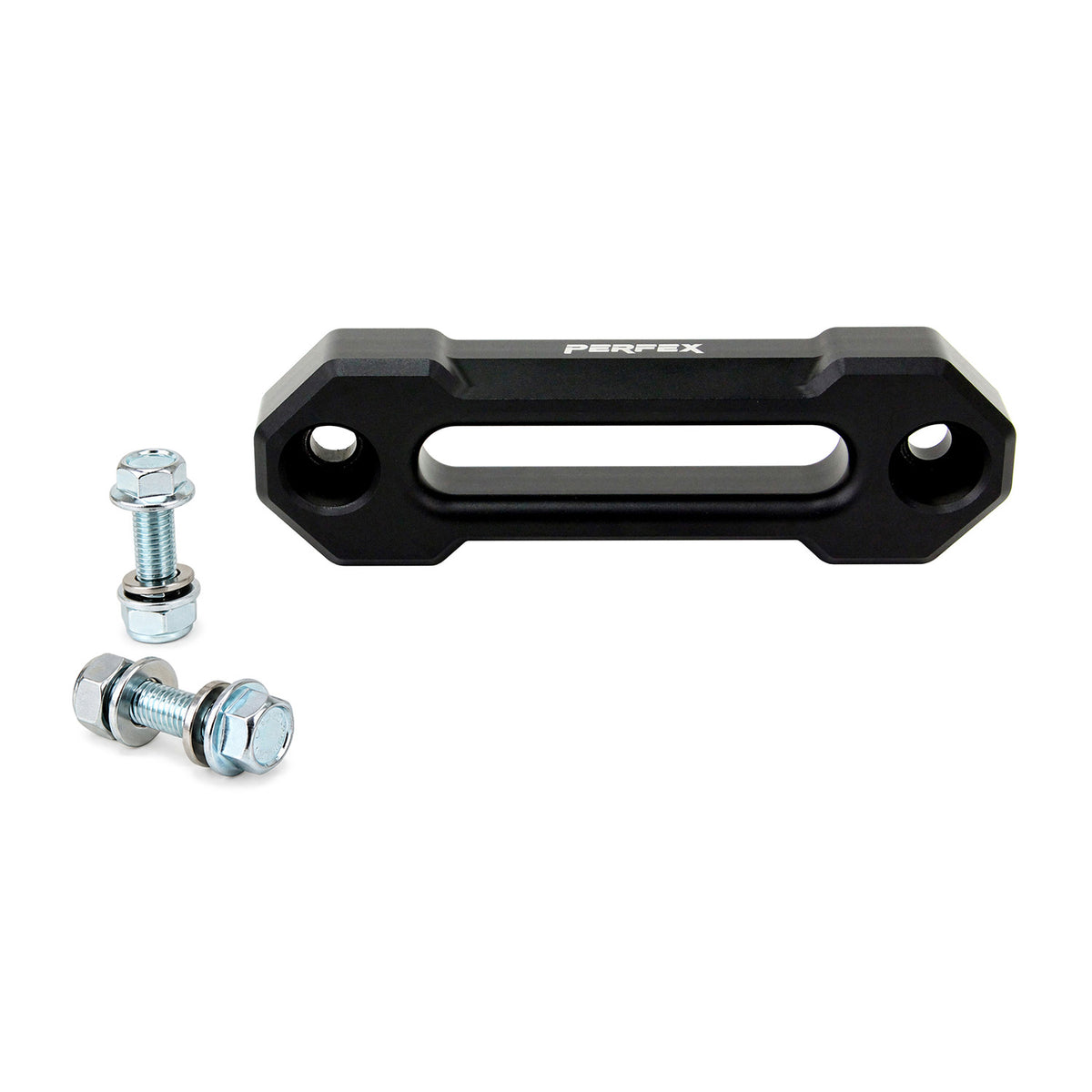 PERFEX CNC-machined aluminum UTV hawse fairlead with black anodized finish, 6" mounting hole spacing, and included M10-1.25 bolts and lock nuts.