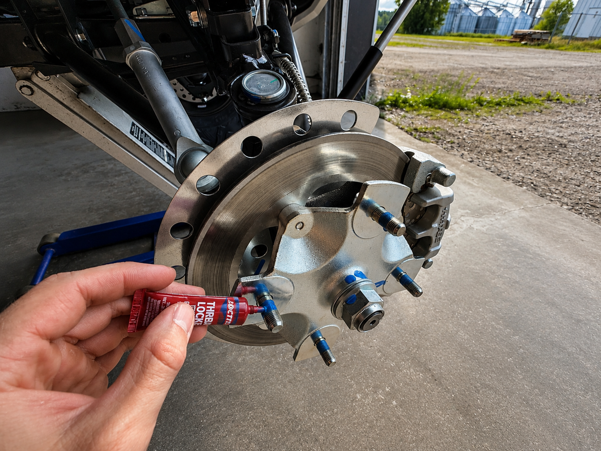 Applying blue thread locker to the factory wheel studs before installing the ATV or UTV wheel spacer.