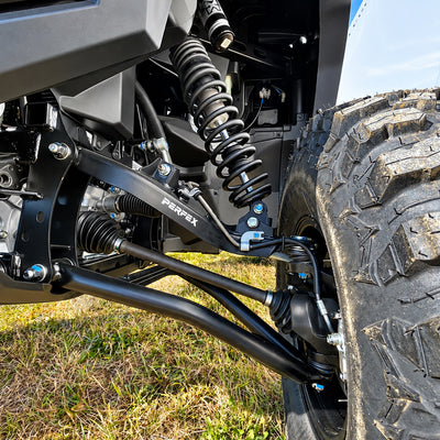 Front suspension installation detail of the PERFEX 2-inch lift kit on Yamaha Wolverine RMAX2 1000.