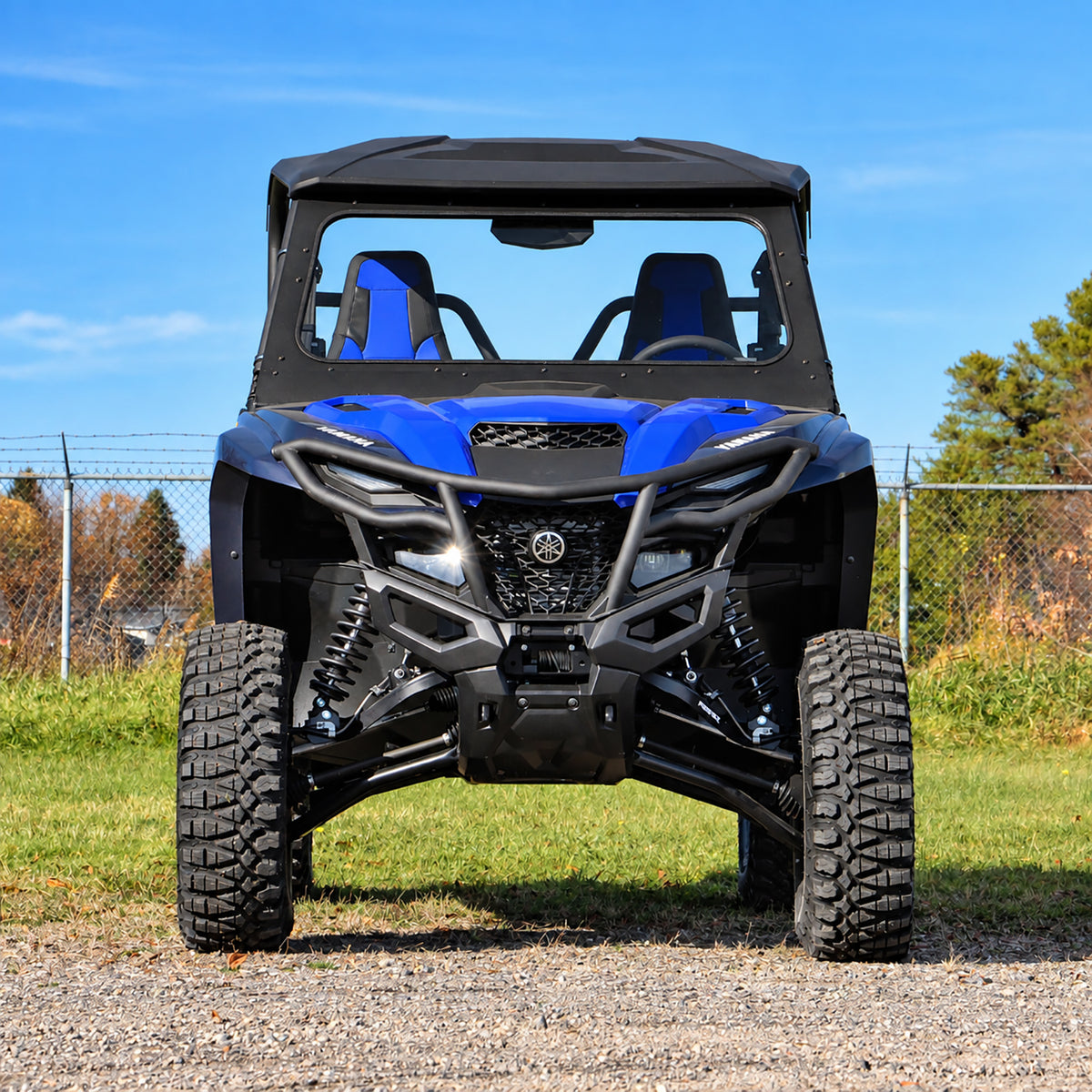 Yamaha Wolverine RMAX2 1000 with PERFEX 2-inch lift kit installed, front view.