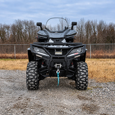Front view of a CFMOTO CForce 800XC with a PERFEX 2-inch lift kit, showing its raised stance and front suspension.
